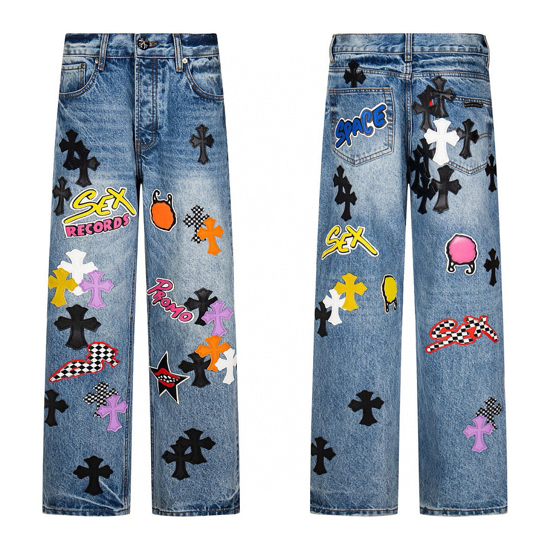 Chrome Hearts Sex Octopus Multi-logo Patchwork Washed Jeans 844
