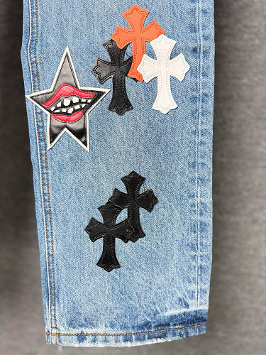 Chrome Hearts Sex Octopus Multi-logo Patchwork Washed Jeans 844